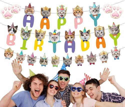 Cat Birthday Banner - Cat Happy Birthday Banner - Kids Happy Birthday Banner Kit For Joyful Celebrations, Cat Theme Party Photo Backdrop For Birthday Party Decor