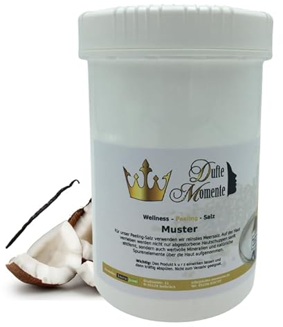 Dufte Momente | Sauna Salz Körperpeeling 1kg | Kokos-Vanille | reinstes BIO-Meersalz | Pflegekomponente aus Argan-, Mandel-, Traubenkernöl | mit ätherischen Ölen | vegan und ohne Tierversuche