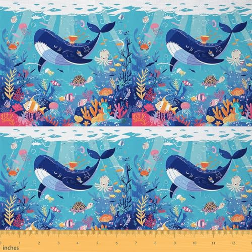 Homemissing Cartoon Cute Marine Tier Stoff Meterware 92x150cm Meeresschildkröte Hai Oktopus Dekorative Wasserdichter Patchwork Stoffe Unterwasserwelt Polsterstoff Sommer Ozean DIY Stoffpaket