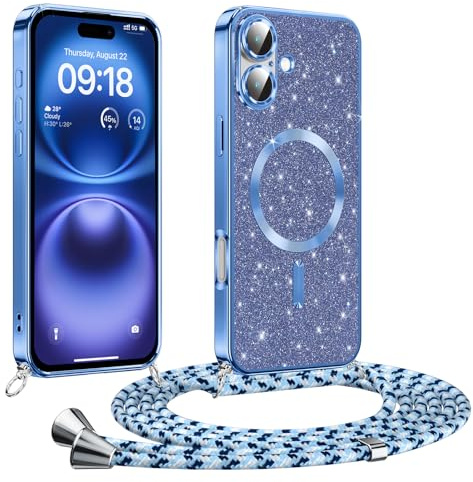 Phoona Glitter Funda para iPhone 16 6,1 Pulgadas con Cuerda, Ajustable Teléfono Cordón, Compatible con MagSafe, Anti-Caída, Carcasa Protectora Silicona AntiChoque, Azul