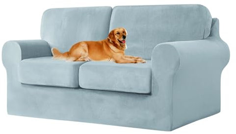 Samt-Sofabezüge, Stretch-Couchbezug mit Rückenlehne, Kissen, waschbar, Möbelschoner, rutschfest, Hellblau, 2-Sitzer, 5 Stück