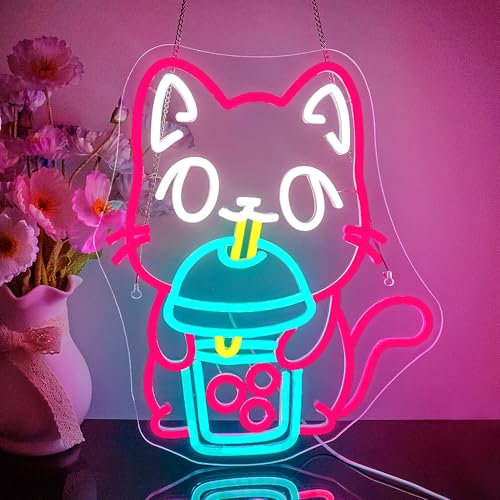 Looklight Katzen Boba Tee Neon Schild für Wanddekoration, Katzen-Neonlicht, bunte LED-Neonschilder, Bubble Tea Neonschild für Kinderzimmer, Schlafzimmer, Bar, Küche, Restaurant, Kaffee, Dessertladen