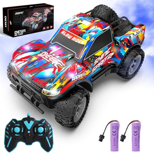 DEERC RC-Auto für Kinder 4-8 Jahre, All-Terrain Sprühfunktion RC Truck, Musik & LED-Lichtern, 2.4 GHz Fernsteuerungsauto, 2 Akkus,40 Min. Geschenk-Spielzeug für Kinder Indoor & Outdoor