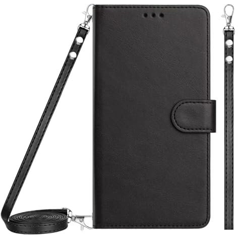 ATISIJIE Coque pour iPhone 6/7 / 8,avec Bandoulière et Dragonne RFID Blocage Béquille Fentes pour Cartes Fermeture Magnétique Portefeuille Flip Etui-Noir