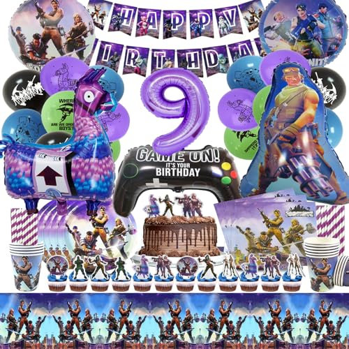 100 Pièces Deco Anniversaire Fortni 9 Ans, Fournit de Fête D'anniversaire Gaming Gamer Garcon Fille, Decoration Anniversaire Fortni, Décoration Ballons Jeu Vidéo, Gaming Party Supplies