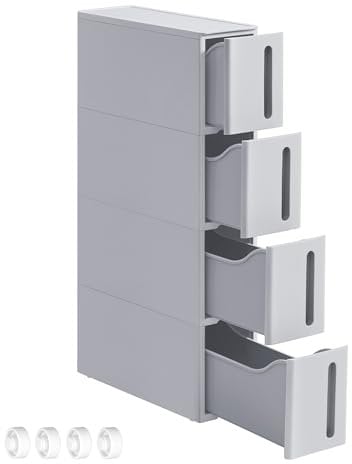 SONGMICS Carrito Estrecho con Ruedas, Estantería con 4 Cajones, 17,3 cm de Ancho, Estante para Baño, Móvil, para Cocina, Plástico PP, Ahorra Espacio, 45,2 x 17,3 x 84 cm, Gris KFR008G02