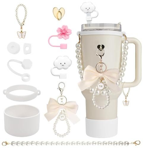11 PCS Stanley Cup Accessories for Stanley Tumbler 40oz & 30oz, Reusable Stanley Charms Including Bow Keychain Pearl Water Bottle Handle Strap, Silicone Straw Cover Boot Spill Proof Stopper (Cream)