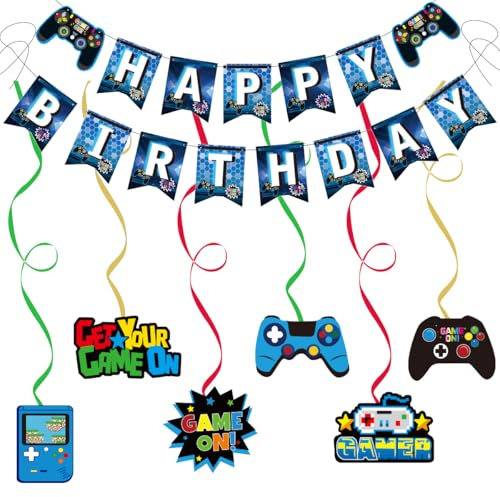 Kiyanest Blaues Gaming-Geburtstagsdeko-Set – Inkl. 1 Banner & 6 Hängespiralen – Videospiel-Partydekoration für Kinder & Gamer