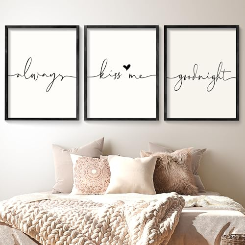 Houmury Gerahmte Wandkunst Always Kiss Me Goodnight, Bauernhaus-Schild, Schlafzimmer, Wanddekoration für Hauptschlafzimmer, Dekoration, Holzschilder (schwarz, 40,6 x 61 cm)