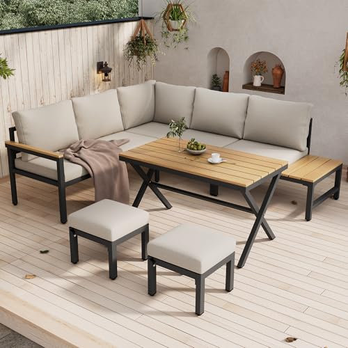Miyemo Gartenmöbel Set, Garten-Essgruppe, Lounge Möbel Outdoor mit Esstisch, Terassenmöbel Außen, Ecksofa, 2 Hocker, Kunststoff-Holz-Tischplatte mit Ablagen, Verzinkter Stahl, Grau