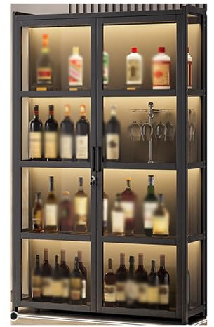 YBNKKUXKN Wine Rack Wine Rack with Lock Multi-layer Wine Cabinet Storage Cabinet with Built-in Light Bar for Home Restaurant Bar Easy to Install Wines holder(Nero,Five-layer)