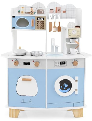 COSTWAY Kids Toy Kitchen, Pretend Play Kitchen with Coffee Maker, Microwave, Oven, Washing Machine, Accessories, Children Cooking Role Playset for 3+ Years Old (Blue)