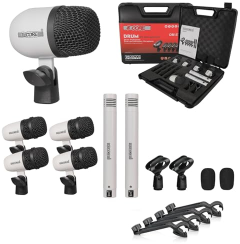 5 CORE Schlagzeug-Mikrofon-Set, 7-teilig, alle Metall-Drummer-Mikrofone, Tom/Snare & Becken, professionelles kabelgebundenes Instrumentententrommel-Set, Microfonos, inkl. Gewindeclip-Mikrofonhalter