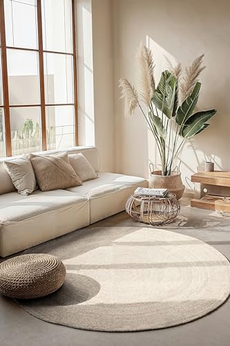 Hanse Home Rangpur Juteteppich - Natur Wohnzimmerteppich Rund aus 100% Jute, Handgewebt - Robust & Pflegeleicht - Moderner, Boho Naturfaser Teppich für Wohnzimmer, Schlafzimmer - Weiß, Ø200cm