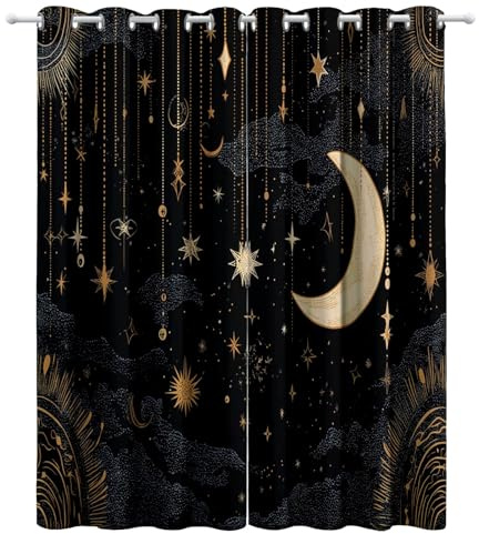 Schwarz Verdunkelungsvorhang Böhmen Sterne Mond Print Muster Vorhänge Mit Ösen, Blickdicht Gardinen Kinderzimmer Schlafzimmer Wohnzimmer Thermovorhang - H200 x B70 cm (2er Pack)