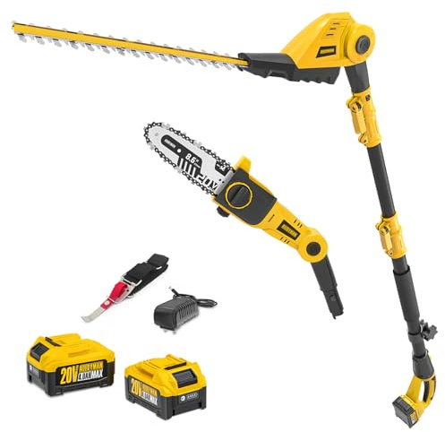Alloyman 2-in-1 Tagliasiepi e Potatore Telescopico a Batteria 20V MAX, con 2 Batterie da 4,0Ah e Caricabatterie, Asta Telescopica da 2,4 m per la Potatura di Siepi e Arbusti
