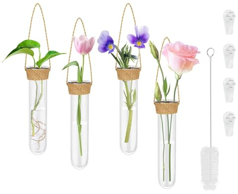 Xiciki 4er-Set Fensterdeko Vase Hängend: Reagenzgläser für Blumen | Fensterdeko zum Hängen mit Natur, Fensterdeko mit Haken, Hanfseilund Reinigungsbürste, Glas Hängevasen für Pflanzen Innen
