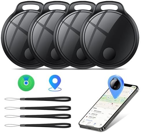 Smart Tracker Tag 4er Pack, Schlüssel Finder Kompatibel Compatible Avec Apple Find My und Google Find Hub, IP68 wasserdicht, Austauschbarer Akku, Bluetooth Key Finder für Gepäck, Klassisch Schwarz