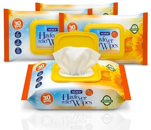 Hayfever Relief Wipes 4 Pack – 120 Allergy Wipes for Pollen Removal from Face, Eyes & Hands | Soothing Cleansing Sheets for Hay Fever Season & Daily Outdoor Use