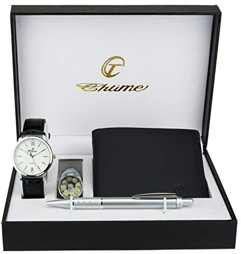 Geschenkset Herren armbanduhr- weiß - Taschenlampe LED - Brieftasche - Stift