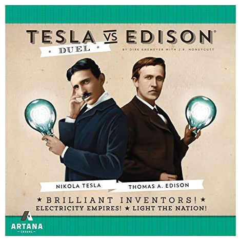 Genius Games 1201 - Telsa vs Edison Duel Strategy Card Game - For 2 Players aged 14 or Over with a Playtime of 15-30 Minutes - Educational and Fun - Who Will Win the War of the Currents