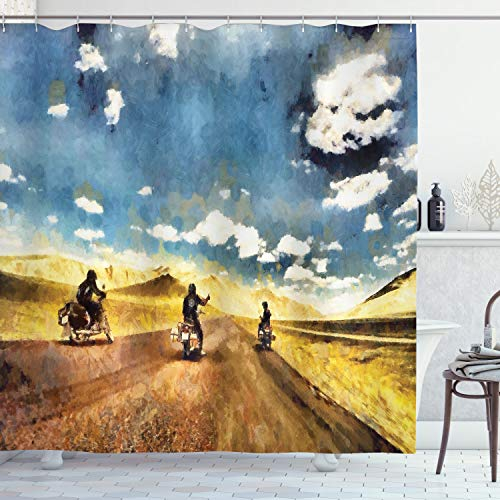 ABAKUHAUS Reise Duschvorhang, Motorräder Land, Stoffliches Gewebe Badezimmerdekorationsset mit Haken, 175 x 200 cm, Gelb Blau
