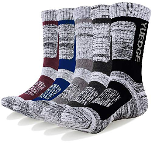 YUEDGE Wandersocken, 3/5 Paar atmungsaktive Laufsocken für Herren, Sport Socken mit Sohle und Knöchel, Anti-Blister Trainersocken Weinrot / Blau / Hellgrau / Grau / Schwarz L
