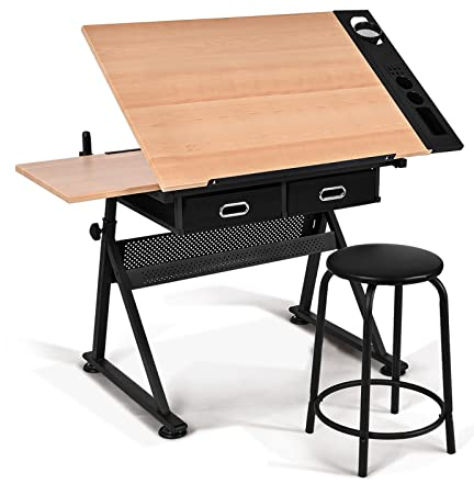 GIANTEX Zeichentisch mit Hocker, Architektentisch Schreibtisch höhenverstellbar & neigungsverstellbar, Schülerschreibtisch 2 Schubladen / 2 Arbeitsflächen, Bürotisch Arbeitstisch Architekten (Natur)