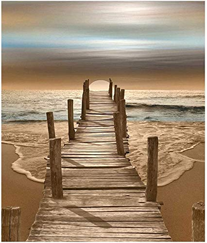 YEESAM ART DIY Ölgemälde Malen nach Zahlen Erwachsene Kinder, Strand Sonnenuntergang Meer Brücke Zahlenmalerei ab 5 Öl Wandkunst (Brücke, mit Rahmen)