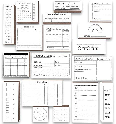 Larcenciel Holzstempel 18 Stück, 4 Sätze Stempel Silikon, Bujo-Stempel Schablone für Bullet Journal DIY Craft Motivstempel für Aufgabenliste, Kalender, Planer, Organisator, Ideen