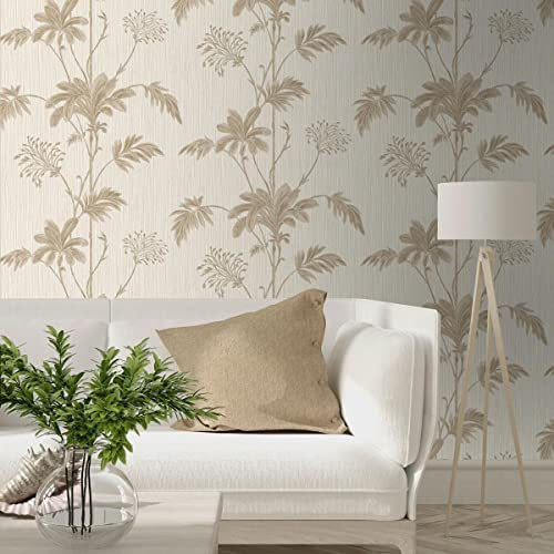 Grasscloth Textured Floral Palm Leaves Vinyl Wallpaper Cream/Gold/Metallic - Belgravia 2913