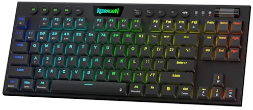 Redragon K621 Horus TKL Teclado mecánico inalámbrico RGB, 5.0 BT/2.4 Ghz/con tres modos con cable, 80% ultra delgado, de perfil bajo, BT con control multimedia dedicado e interruptores rojos lineales,