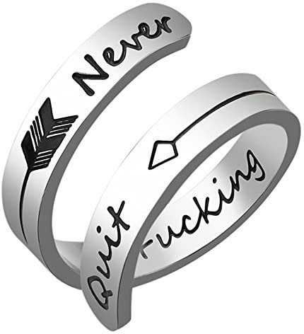 JewelryWe Schmuck Edelstahl Offene Damen-Ring mit never quit fucking Gravur, Partnerringe Freundschaftsringe, Silber Verstellbar Ring