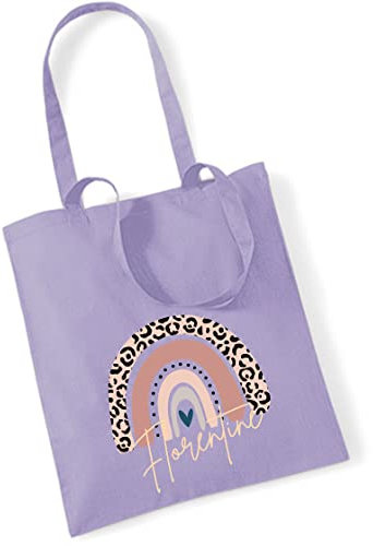 Jutebeutel bedruckt mit Namen & rosa Regenbogen LEO-Print |Stofftasche Baumwolle inkl. Namensaufdruck für Mädchen | Personalisierter Kinderbeutel Tragetasche für Krippe, Kindergarten, Schule lavendel