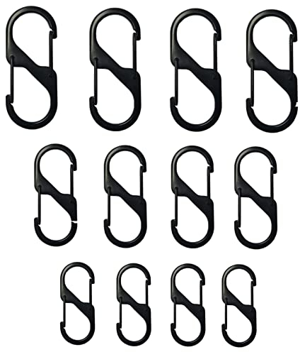 Mebamce 12 PCS Zipper Lock Clips Theft Deterrent, Small S-biners Carabiner Keychain Clips in 3 Different Sizes Sturdy Dual Gate Carabiner for Key, Backpack, Traveling, Outdoor, Hiking (Black)