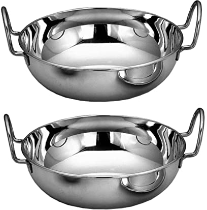 Nobel Set of 2 Stainless Steel - Food Table Deep Serving Bowls with Handle Balti Karahi,Kadai, Ideal for Curry, Rice, Parties (21 cm Diameter.)