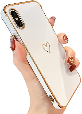 Knoowcase for iPhone XS Case iPhone X Phone Case for Girls Women Shockproof Flexible Silicone Bumper Lens Protection Luxury Plated Gold Heart Slim Anti Scratch Phone Cover for iPhone XS/X, White