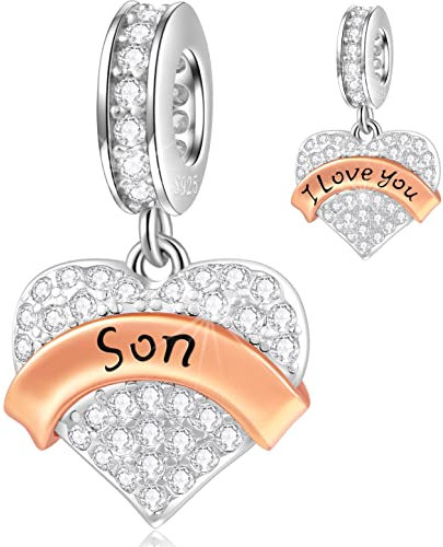 Ti Amo Figlio Charms Ciondolo si adatta Pandora Festa Della Mamma Bracciale/Collana, 925 Argento Sterling Pave Spumante Chiaro CZ Son Ciondolo Perline, Regali per Godson/Ragazzi/Laurea