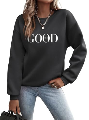Minetom Pullover Damen Sweatshirt Briefe Drucken Langarm Rundhals Pulli Herbst Winter Frauen Buchstaben Druck Locker Casual Oberteil Sport Streetwear Sweatshirts ohne Kapuze Bluse Tops A Schwarz Mz