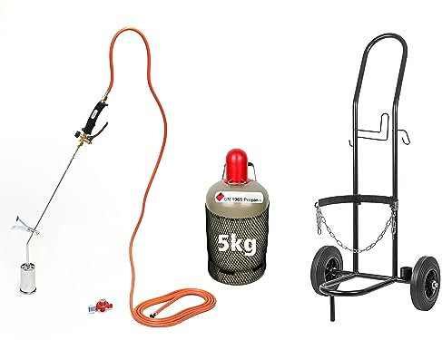 ROTHENBERGER Industrial Abflammgerät Anwärmbrenner Unkrautvernichter ECO-Ausführung inkl. 5m Gasschlauch und 4bar Druckregler mit Transportwagen | Sackkarre und Propangasflasche 5 kg (leer)