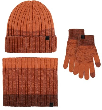 Mütze Herren Set Frauen & Männer Herbst Winter Warme Niedliche Wolle Hut Schal Handschuhe Slouchy DREI Stücke Winter Schnee Strickmütze Bildschirm Fäustlinge Schals Sets Herren (Orange, One Size)