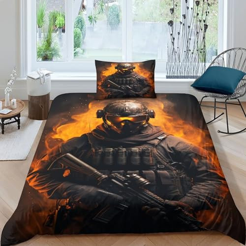 DOUKI Spiel Bettbezug & Kopfkissenbezug 3D Wehrpflichtige - Druckeffekt - Leichtes Mikrofaser-Bettwäsche-Set (Soldaten,Single(135x200cm))