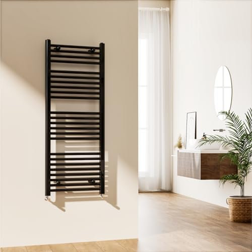 EMKE Towel Rail Radiator 1200 x 500mm, Heated Towel Rail for Bathrooms Black, Modern Straight Towel Radiator Versatile Wall/Floor Mounted Bathroom Radiators