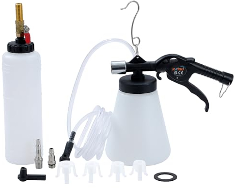 KATSU 1L Pneumatic Brake Fluid Bleeder Clutch Bleeding Toolkit with Auto Refill Bottle and Master Cylinder Adaptors, for Motorcycles Cars and Trucks 450834