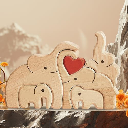 TECHEEL Familien Geschenk Personalisiertes Holzkunstpuzzle der Elefantenfamilie Kunstpuzzle aus Holz Elefanten Familien Puzzle Personalisiertes Familie Puzzle Geschenk für Familie Geschenke