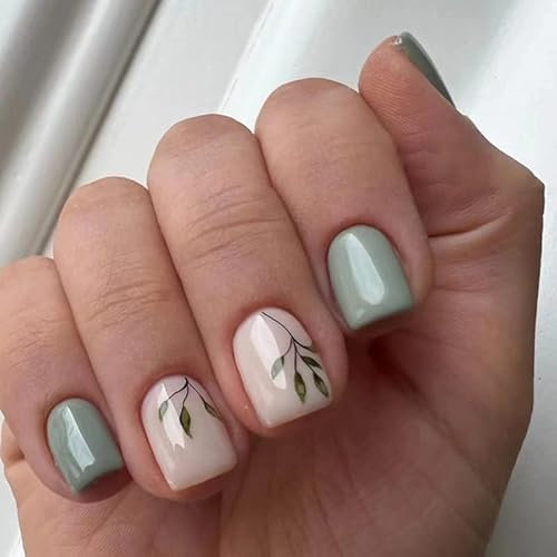 Agasar 24pcs Short Square False Nails Leaves Gold Press on Nails Creamy White Green Stick on Nails Acrylic False Nails Removable Glue-on Nails Full Cover Fake Nails Women Brides Nail Art Accessories