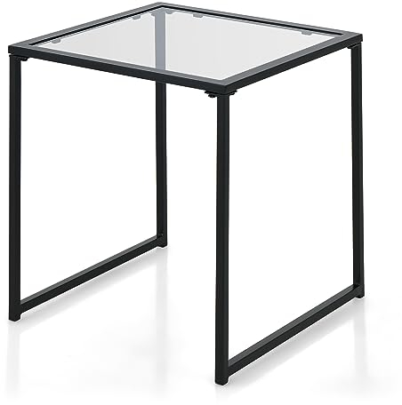COSTWAY Mesa Auxiliar Cuadrada, Vidrio Templado, Marco De Metal, Mesa de Café Pequeña para Interiores Exteriores Sala de Estar Porche Terraza Jardín, Negro, 43 x 43 x 45 cm