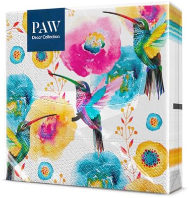 PAW - Servietten 3-lagig (33 x 33 cm) I 20 Stück I Perfekt für Geburtstage, Partys, Hochzeiten, Kommunion und Feiern I Tischdeko Bunte Papierservietten - Kolibris Blüten Fauna & Flora I Hummingbird