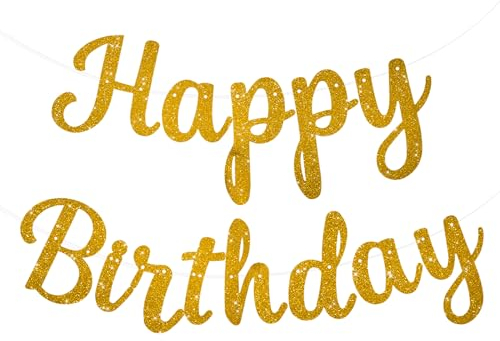 Gold Glitter Happy Birthday Banner, Pre-Strung Happy Birthday Backdrop Garland Sign Resuable Happy Birthday Banner Decorations with String for Women Girls Kids Birthday Party Decorations, No DIY