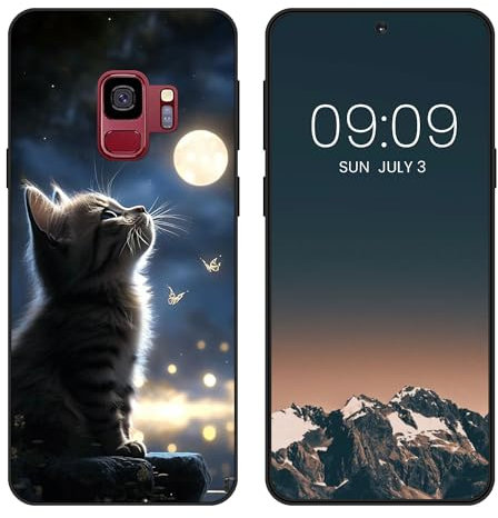 WUACYEAMING Noir Coque pour Samsung Galaxy S9, Haute Qualité TPU Silicone Mince Souple Antichoc Bumper avec La Lune et Le Chat Motif Dessin Mat Case